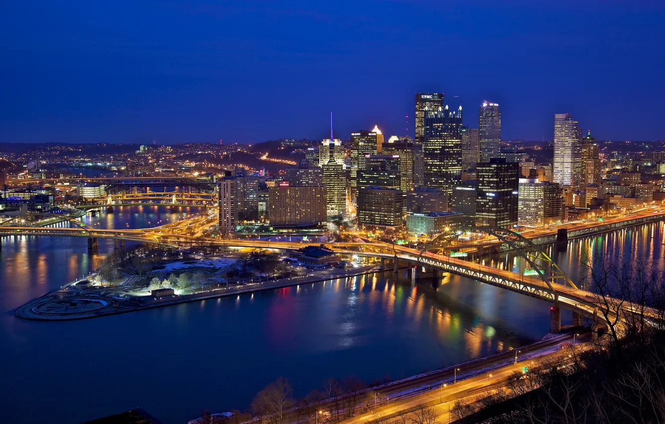 Photo wallpaper bridge, lights, home, the evening, USA, USA, skyscrapers, panorama.