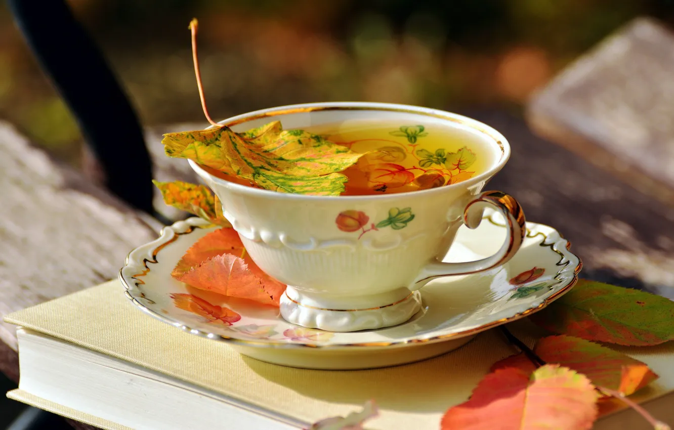 Photo wallpaper autumn, leaves, tea, Cup