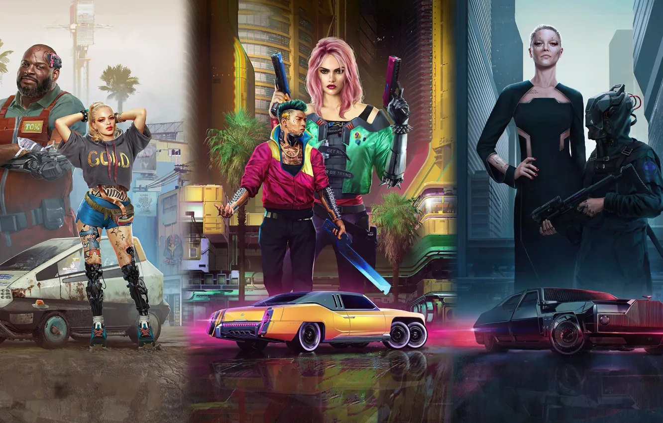 Photo wallpaper future, weapons, the game, people, technology, skyscrapers, game, car