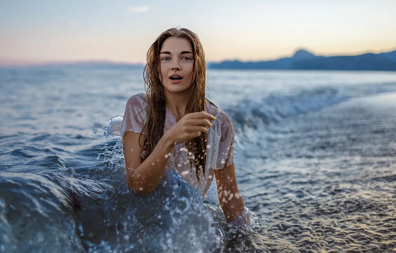 Photo wallpaper wave, beach, water, shore, hair, Girl, wet, Kate