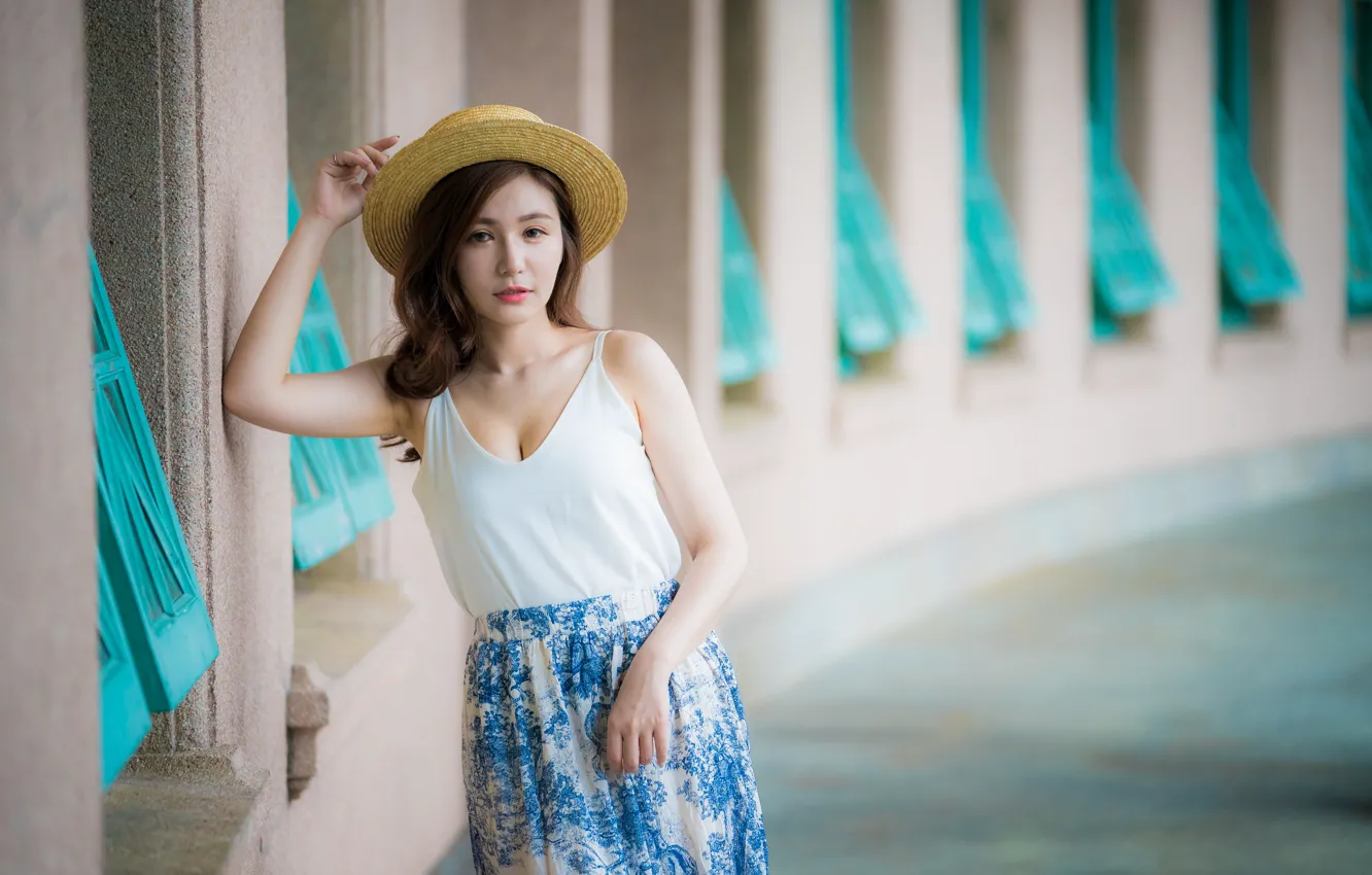 Photo wallpaper girl, hat, Asian, cutie, bokeh