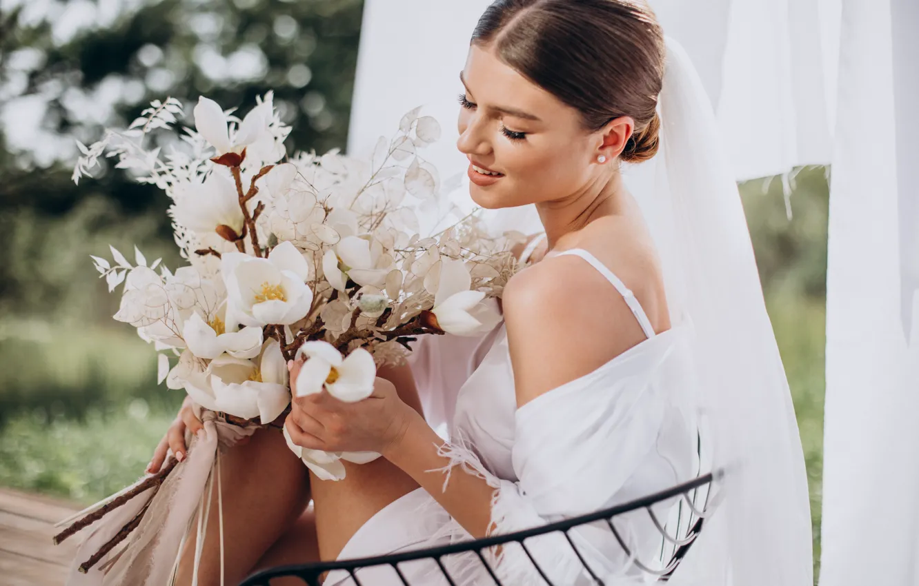 Photo wallpaper white, girl, light, flowers, pose, eyelashes, smile, feet