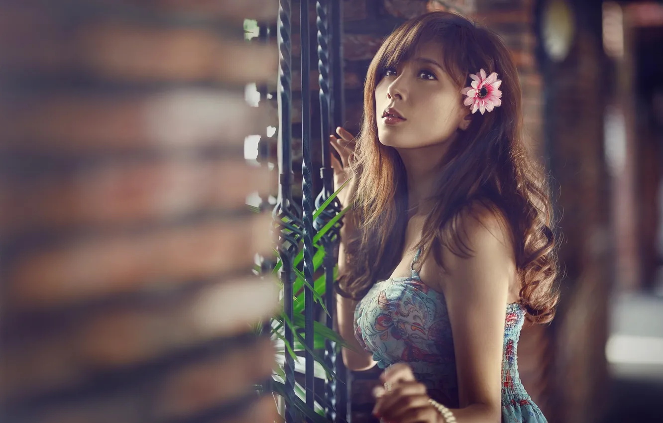 Photo wallpaper flower, look, leaves, girl, dress, the fence, bracelet, brown hair