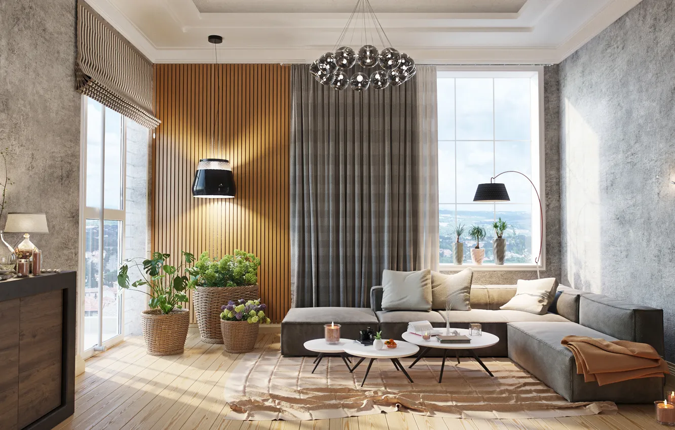 Photo wallpaper lamp, style, room, interior, sofa, living room, design, plant