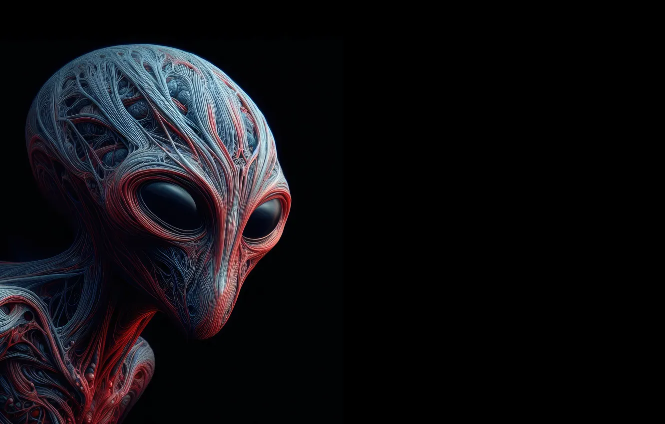 Photo wallpaper dark, black, Alien, eyes, looking at viewer, AI art