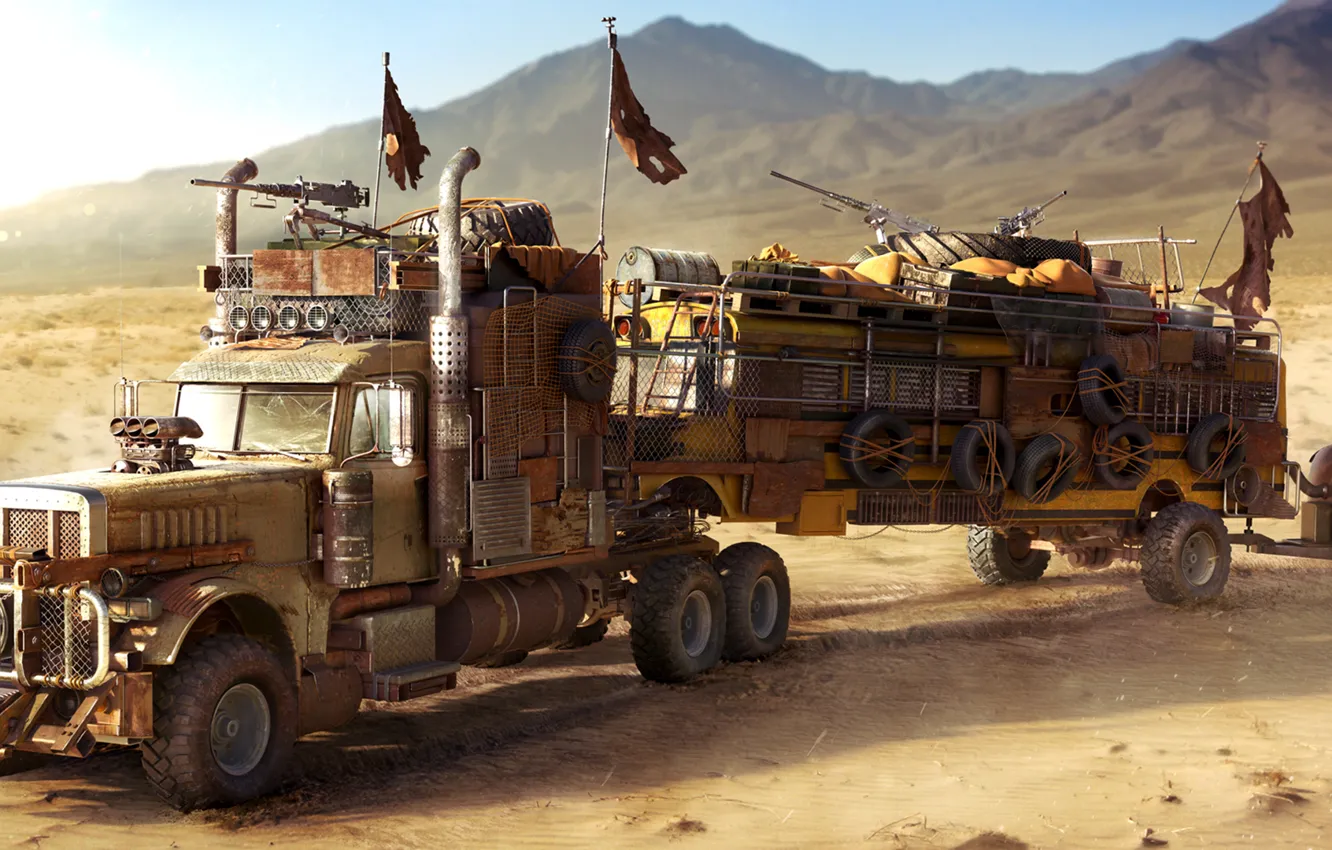 Photo wallpaper desert, truck, bus, fallout, desert, truck, school bus, wasteland