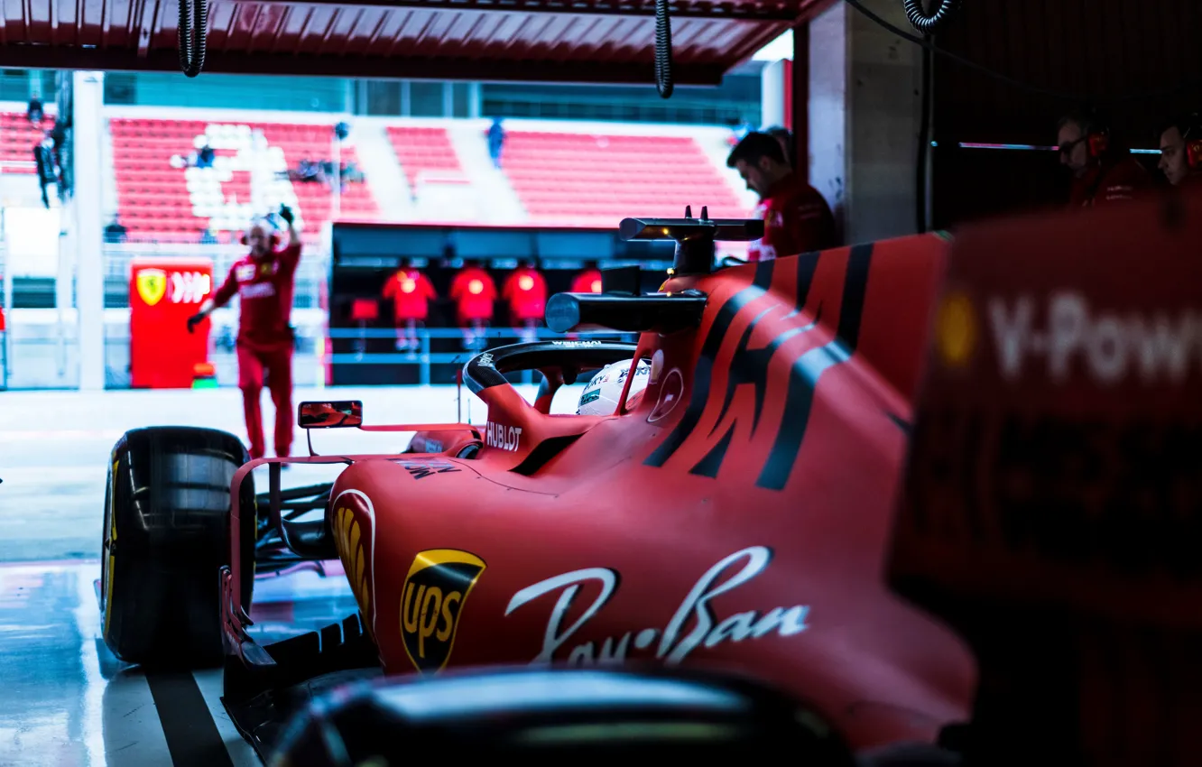Photo wallpaper car, Ferrari, sport, box, Formula 1, tyres, men, Sebastian Vettel