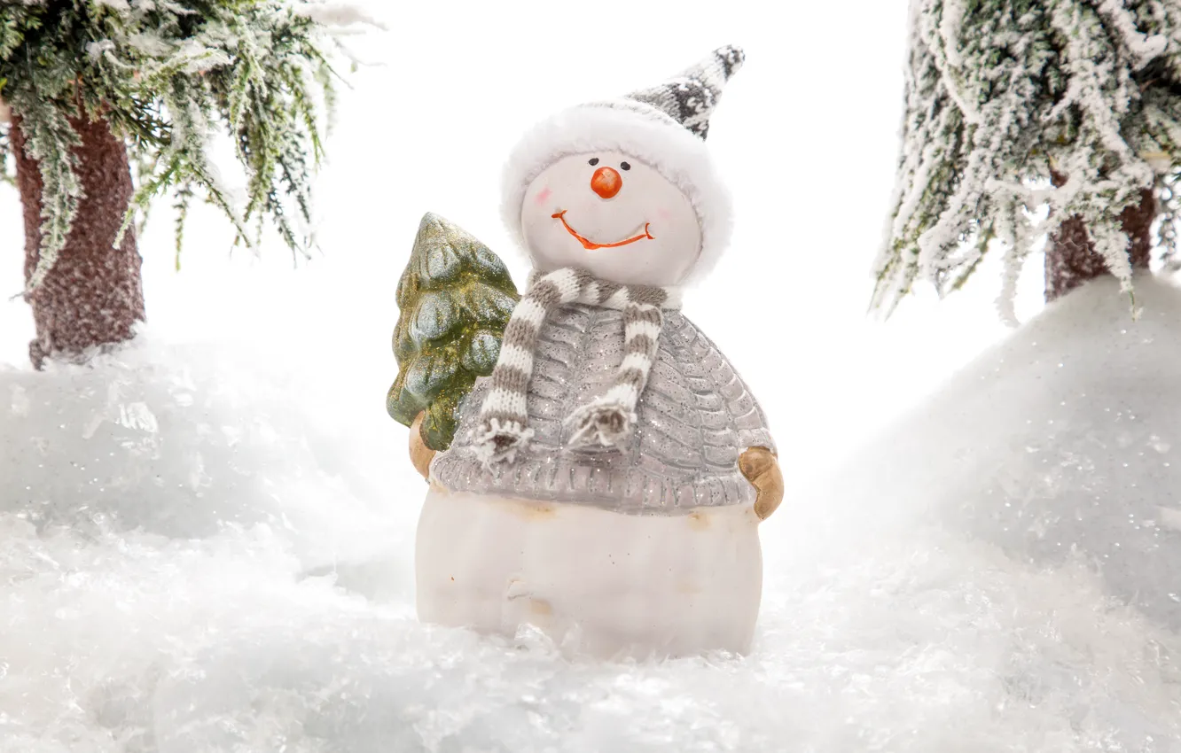 Photo wallpaper snow, scarf, snowman, tree, cap, figure