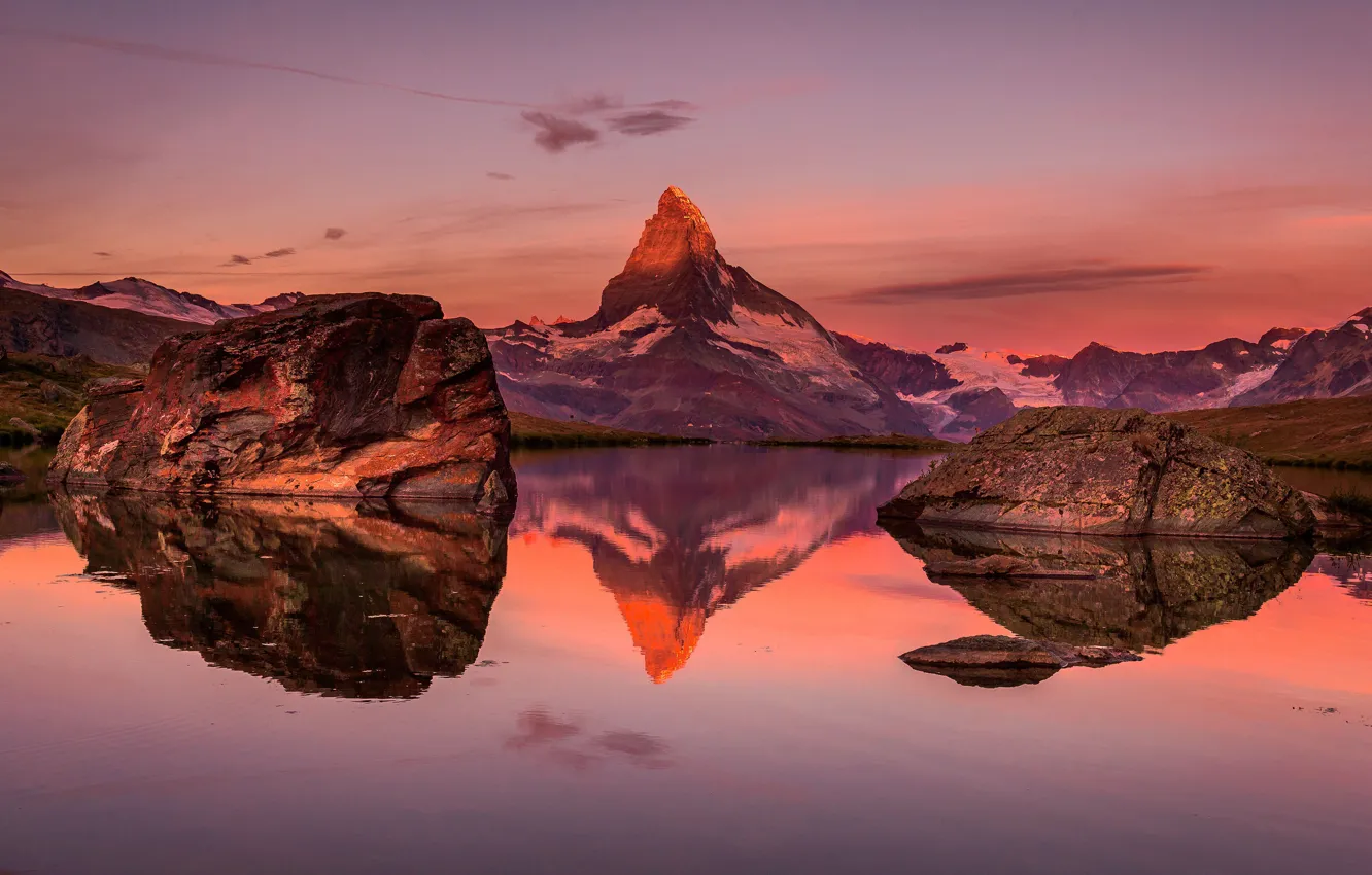 Photo wallpaper sunset, mountains, reflection, tops, the evening, pond