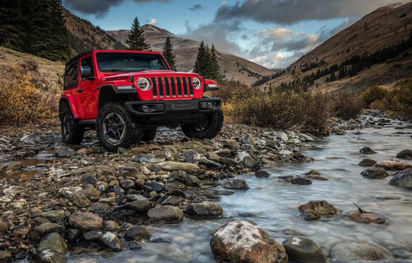 Photo wallpaper water, mountains, red, stones, 2018, Jeep, Wrangler Rubicon