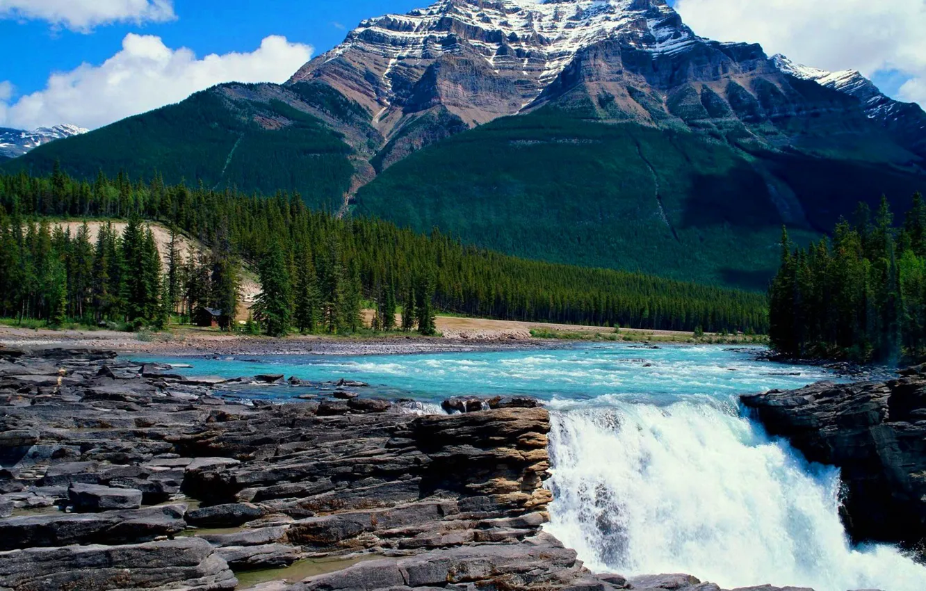 Photo wallpaper the sky, mountains, river, waterfall