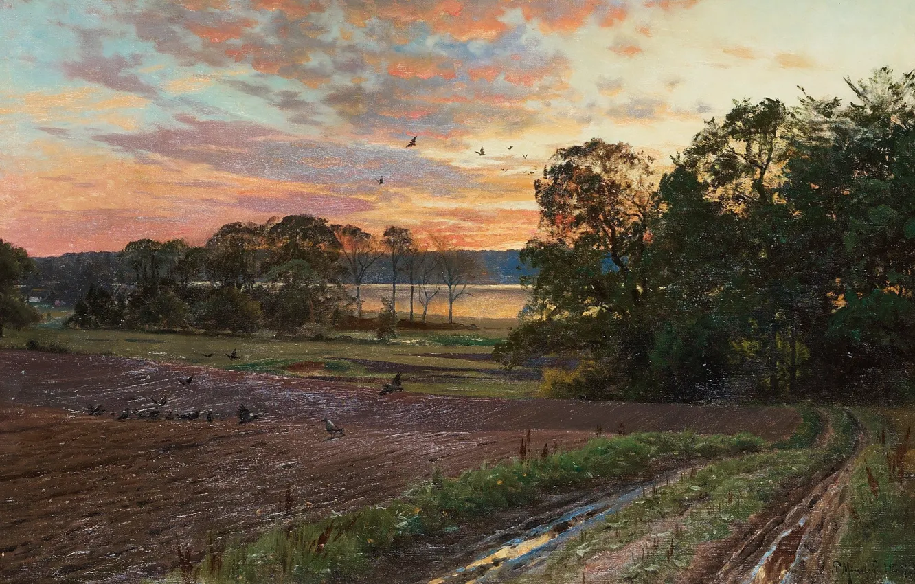 Photo wallpaper 1893, Danish painter, Peter Merk Of Menstad, Peder Mørk Mønsted, Danish realist painter, Landscape with …