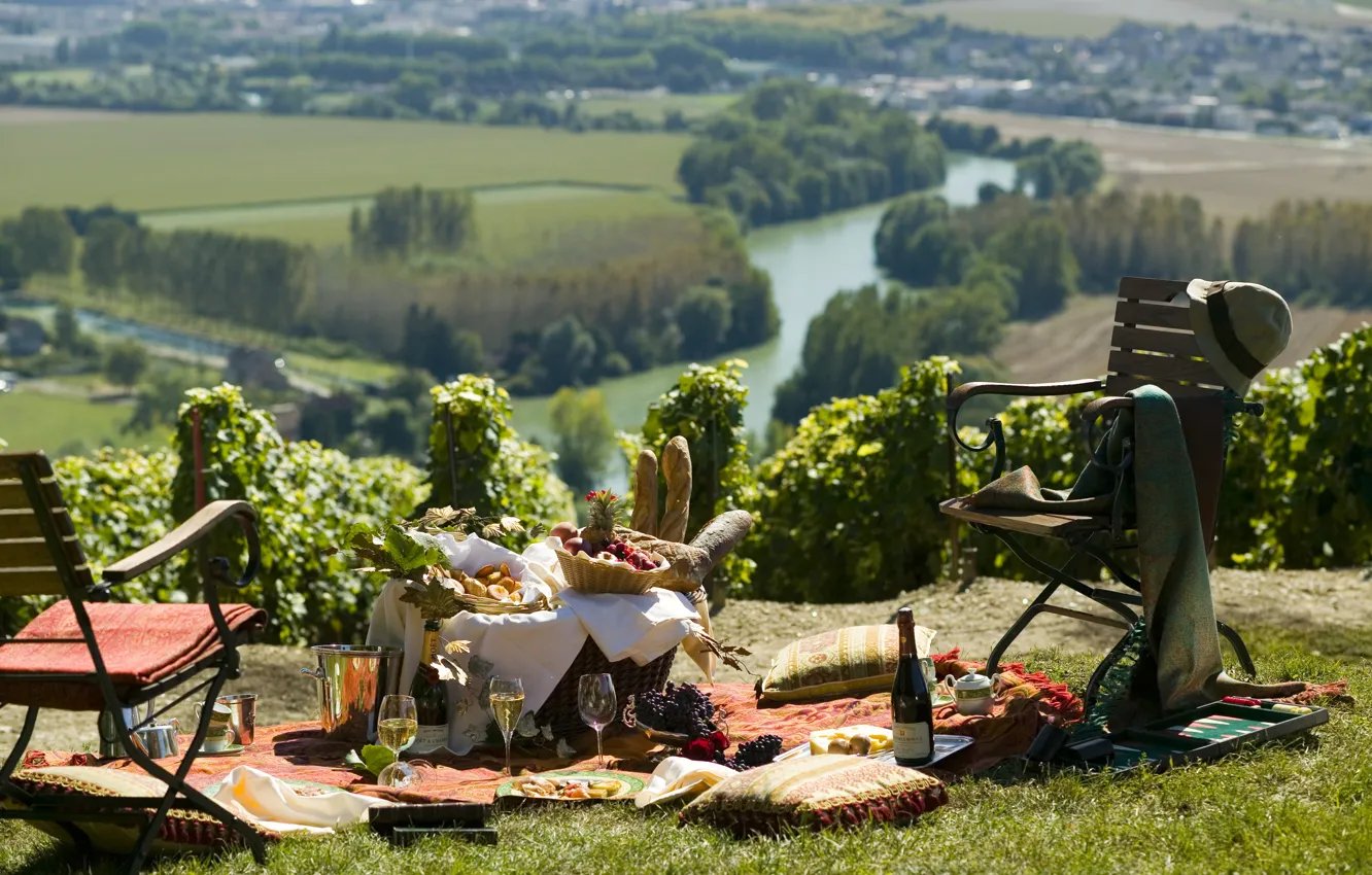 Photo wallpaper nature, river, wine, picnic