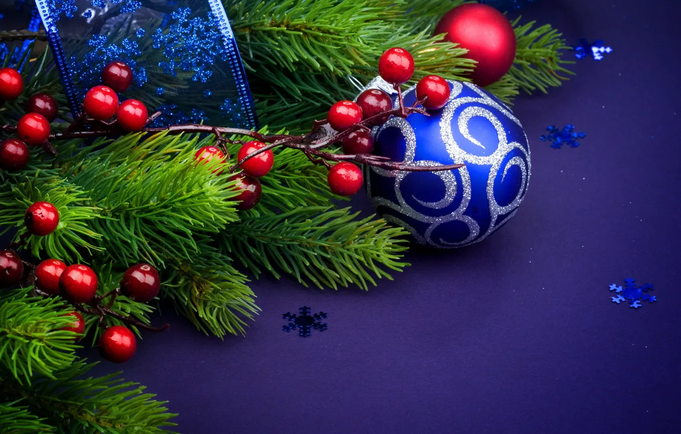 Photo wallpaper Tape, Balls, Christmas, New year, Decoration, Holiday, blue background, Fir-tree branches