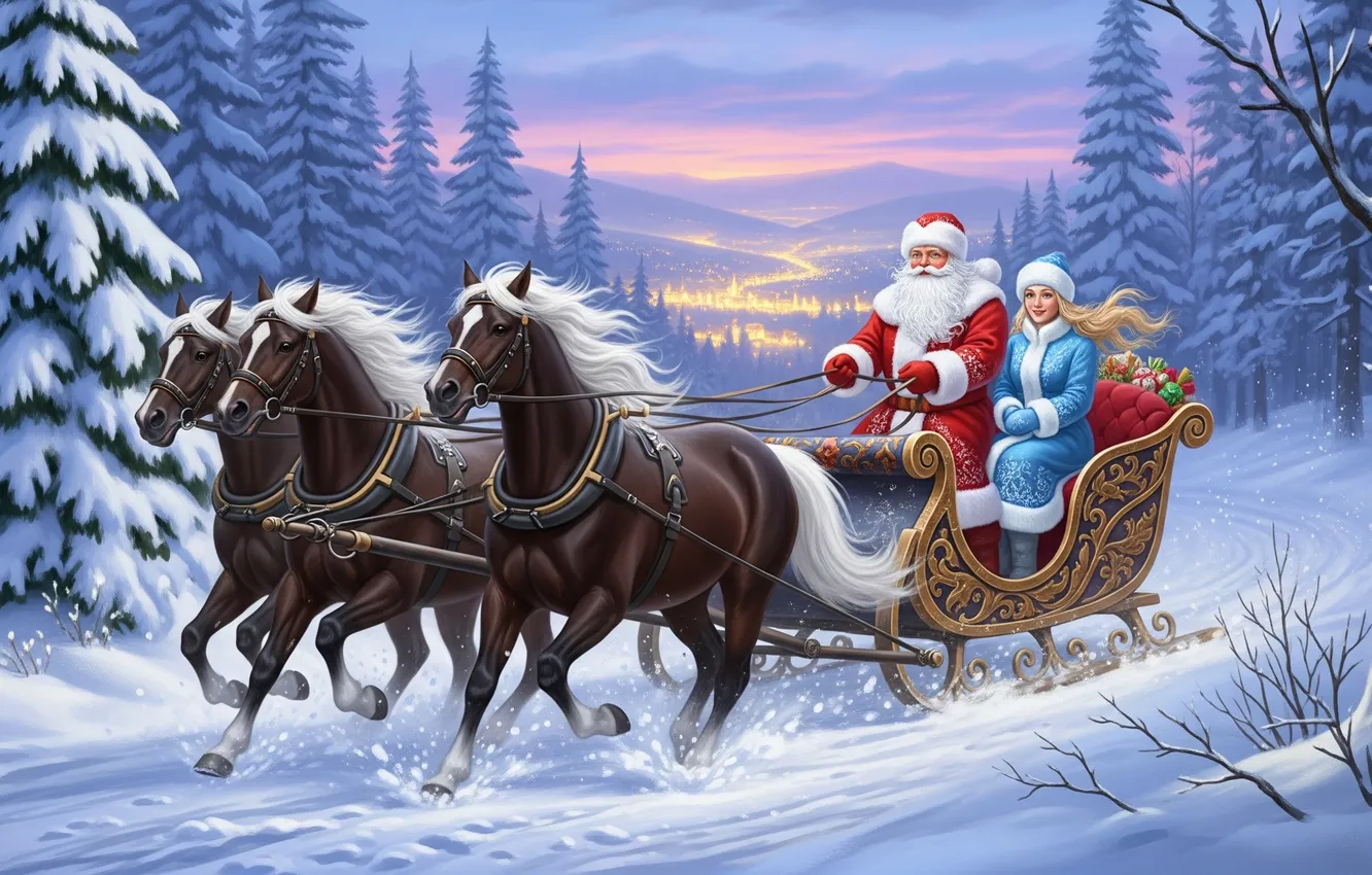 Photo wallpaper sleigh, three, Snow maiden, New Year, Father Christmas
