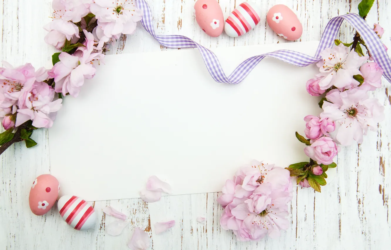 Photo wallpaper flowers, eggs, spring, colorful, Easter, wood, pink, blossom