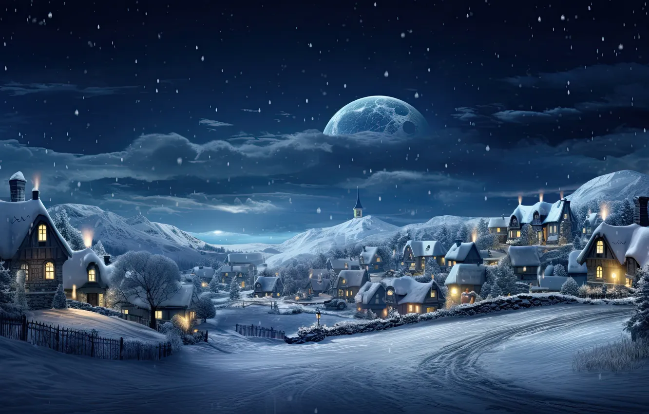 Photo wallpaper winter, snow, decoration, night, the city, lights, street, tree