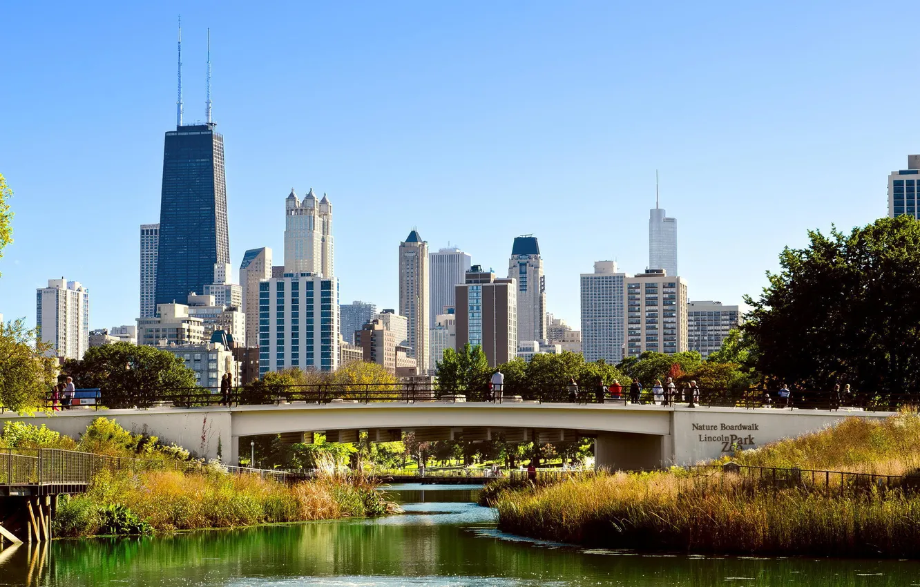Photo wallpaper bridge, Park, building, skyscrapers, Chicago, America, Chicago, Lincoln Park