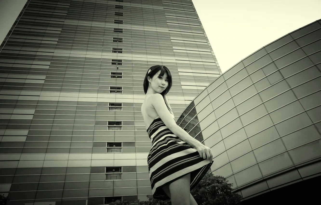 Photo wallpaper girl, the city, dress, skyscrapers
