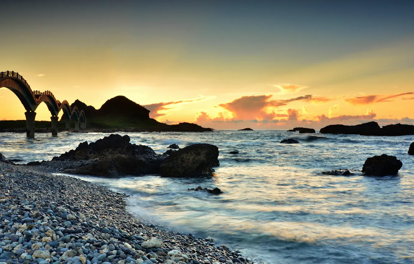 Photo wallpaper sea, landscape, sunset, bridge, island