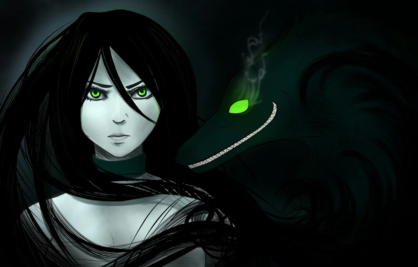 Photo wallpaper look, girl, darkness, dog, Envy