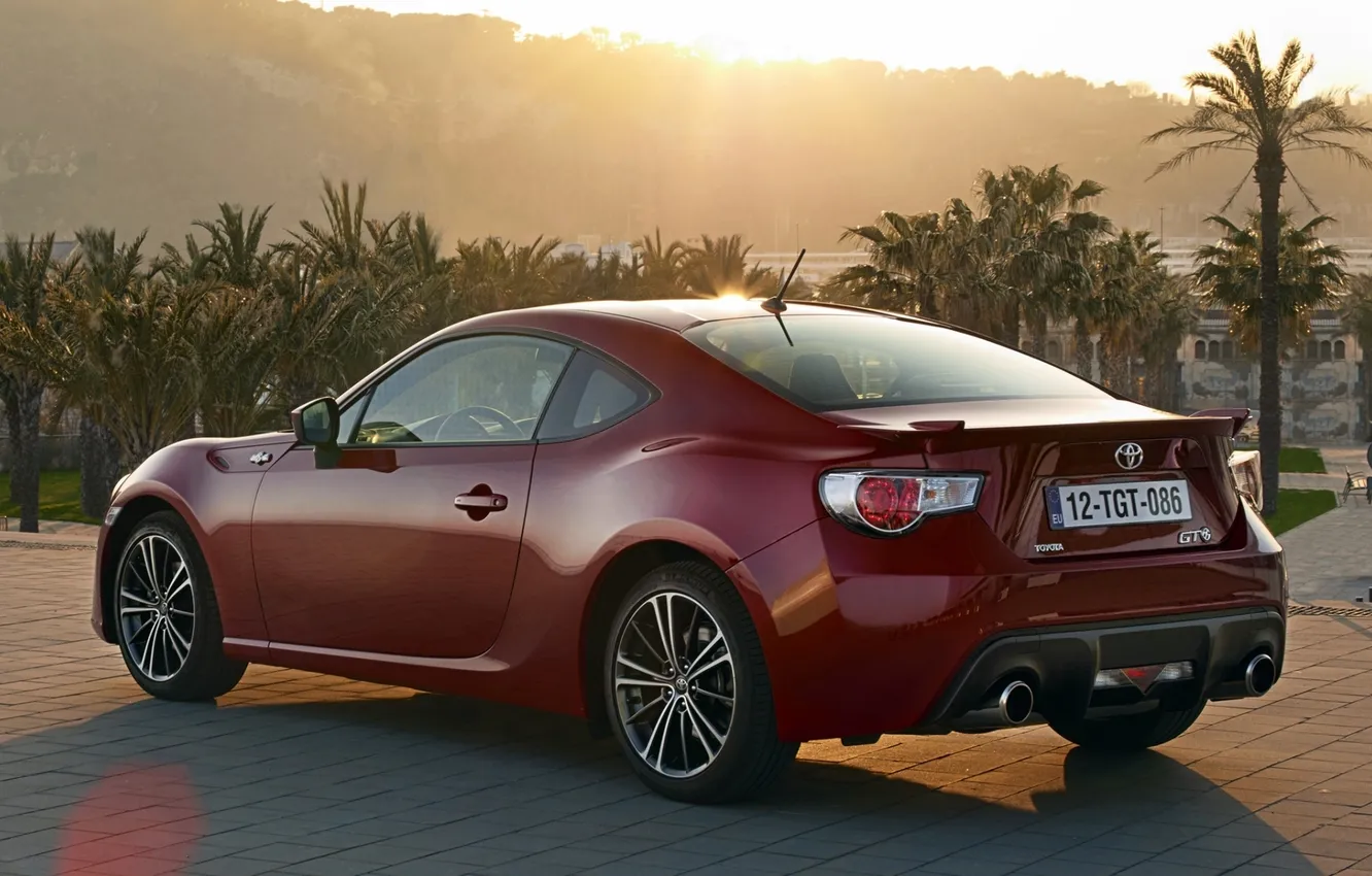 Photo wallpaper the sun, red, palm trees, sports car, rear view, ГТ86, Toyota.GT86.Toyota
