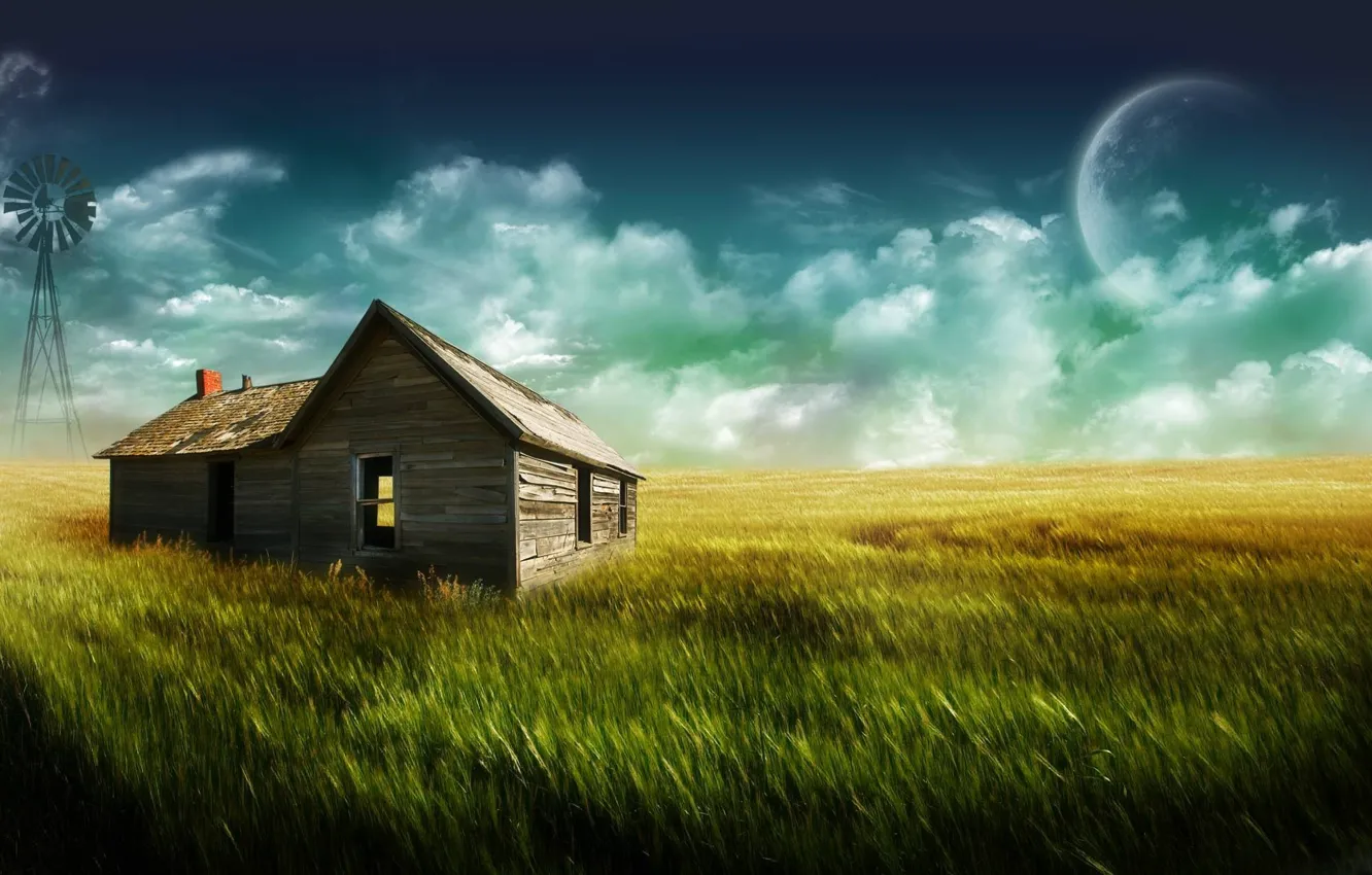Photo wallpaper grass, house, the moon
