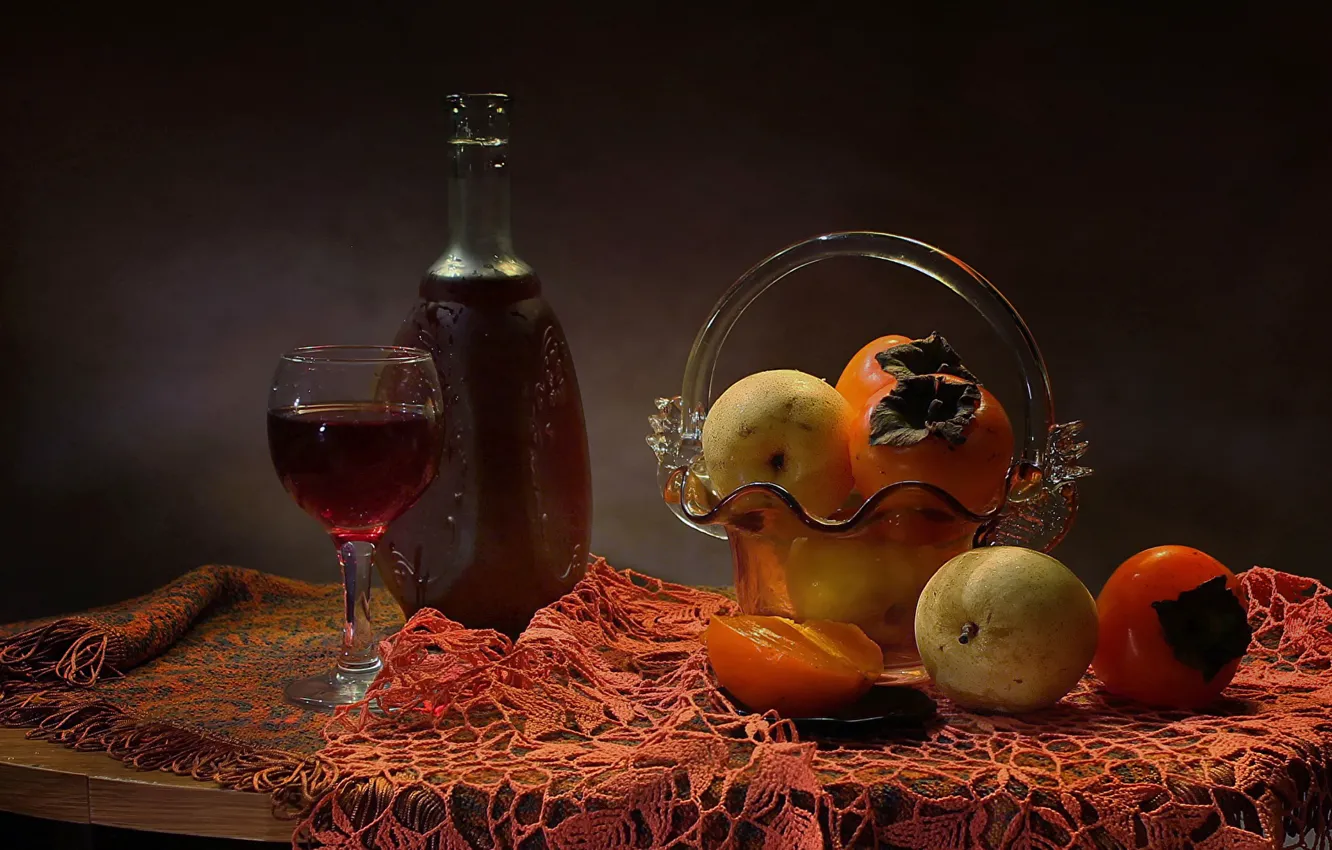 Photo wallpaper wine, apples, glass, fruit, still life, still life, decanter, persimmon