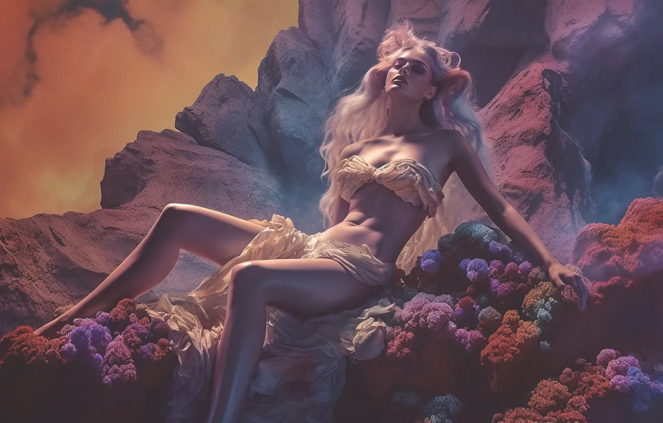 Photo wallpaper chest, girl, clouds, light, pose, rocks, feet, shore