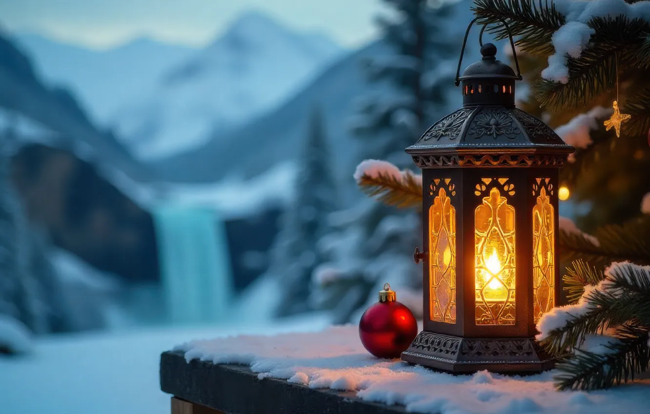 Photo wallpaper winter, balls, light, snow, mountains, new year, waterfall, Christmas