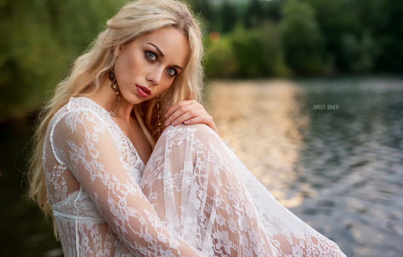 Photo wallpaper look, water, girl, decoration, nature, earrings, makeup, blonde