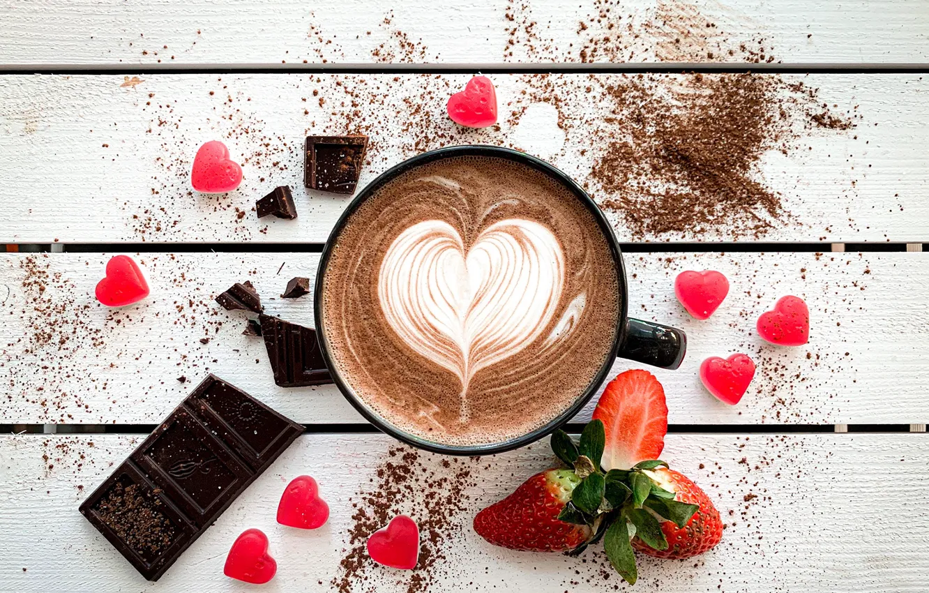 Photo wallpaper coffee, chocolate, strawberry, Cup, cappuccino, chocolate, strawberry, coffee