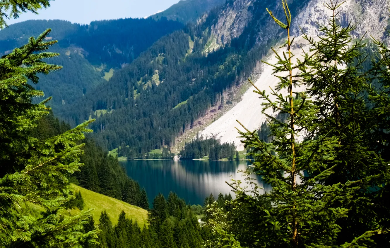 Photo wallpaper Nature, Mountains, Austria, Alpes, Lake, Trees, Meadow, The "Tannheimer Valley"