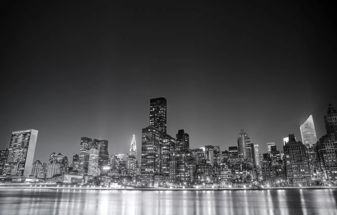 Photo wallpaper USA, United States, river, skyline, water, night, New York, Manhattan