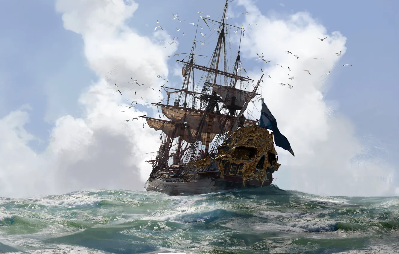 Photo wallpaper sake, game, gold, sky, sea, pirate, cloud, pirate ship