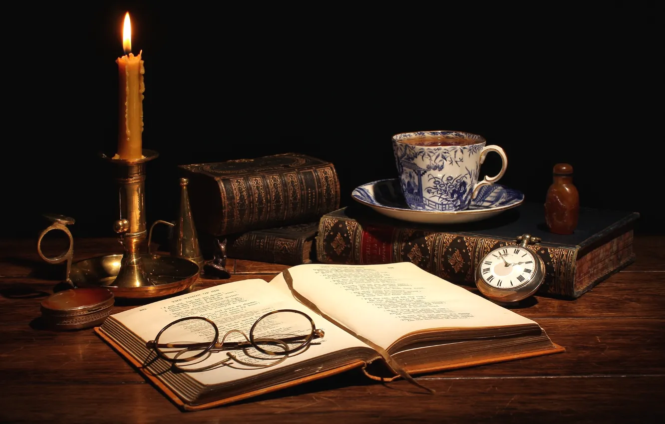 Photo wallpaper tea, watch, books, candle, glasses, Cup, still life