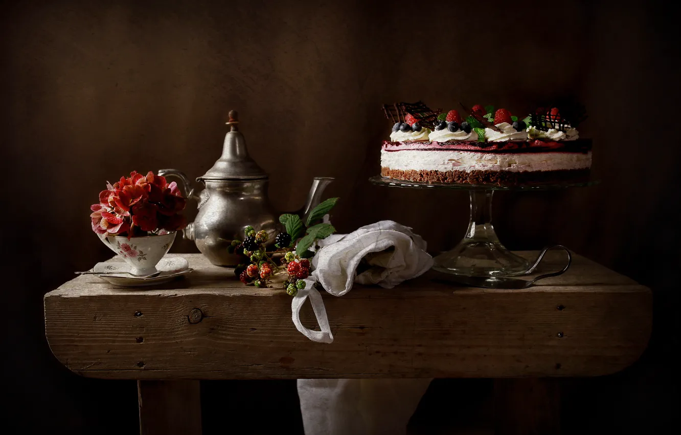 Photo wallpaper flower, style, berries, Cup, cake, still life
