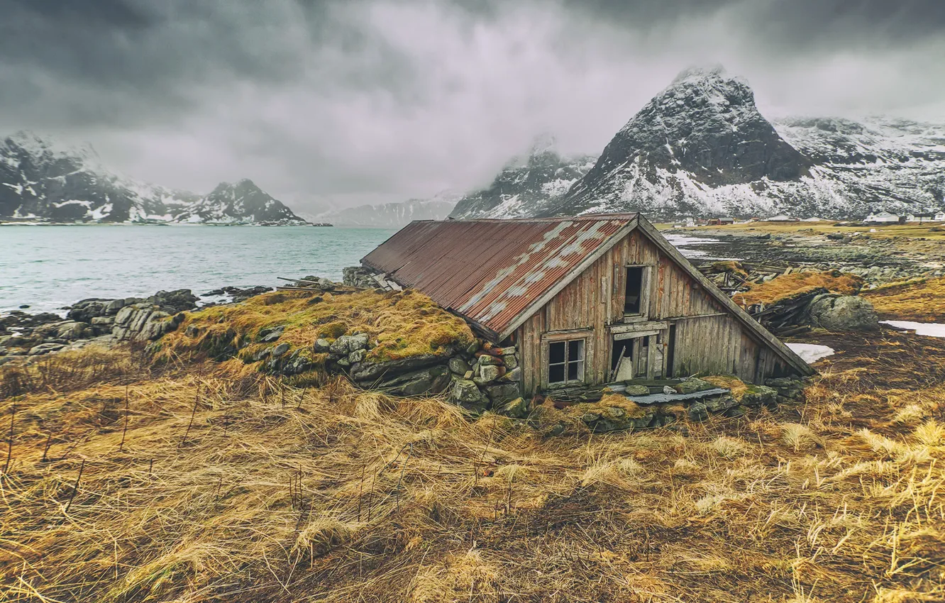 Photo wallpaper island, Norway, Lofoten, Hamnoy, Abandoned barn