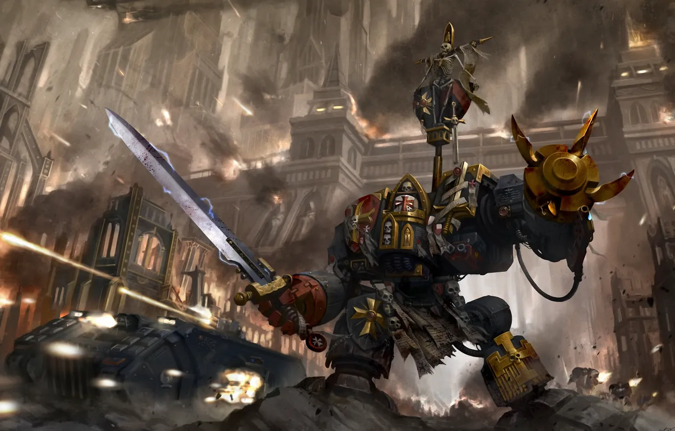 Photo wallpaper metal, the city, weapons, sword, art, Okita, Black Templars, Dreadnought