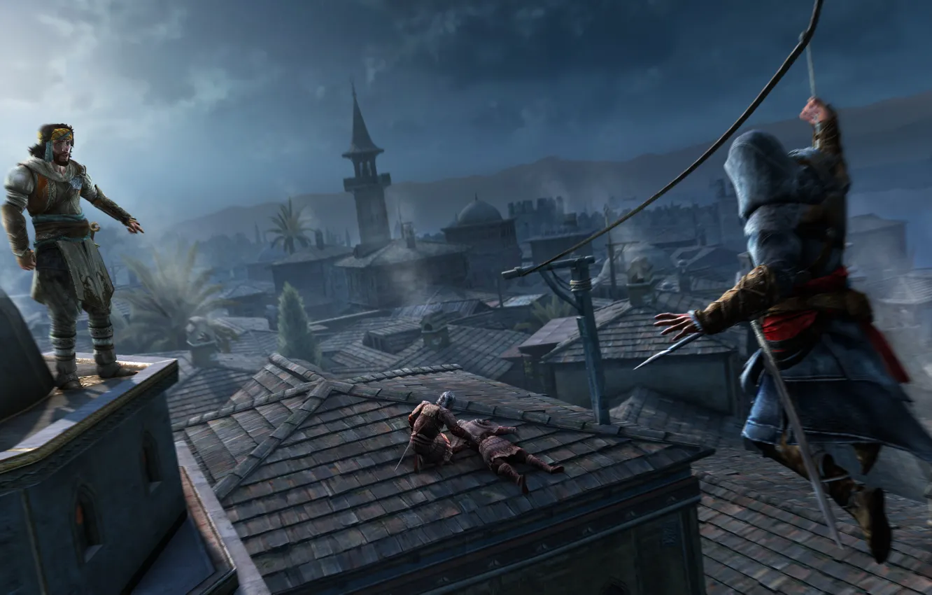 Photo wallpaper roof, night, Prince, assassins creed, Ezio, revelations, guards, Yusuf