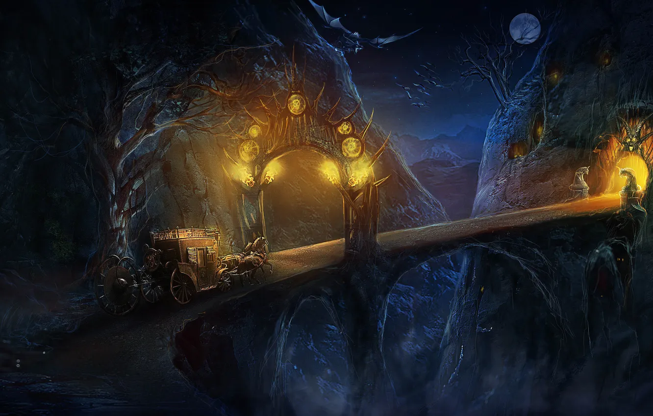 Photo wallpaper mountains, night, bridge, lights, horse, the moon, art, coach