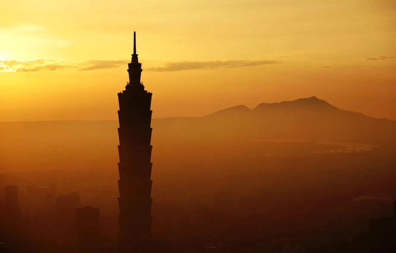 Photo wallpaper the sky, sunset, mountains, tower, Taiwan, Taipei, taipei