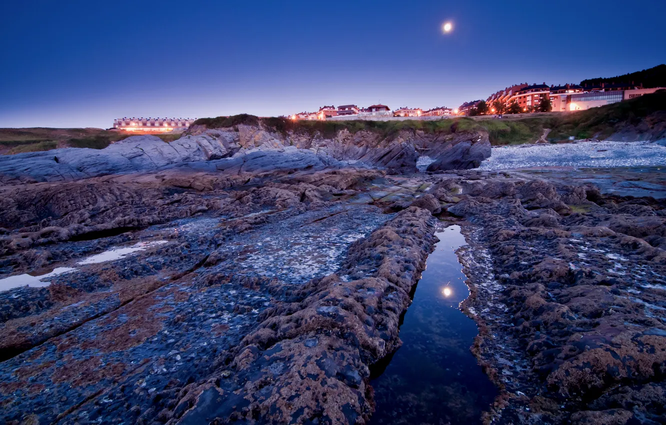 Photo wallpaper sea, the sky, stones, the moon, home, the evening