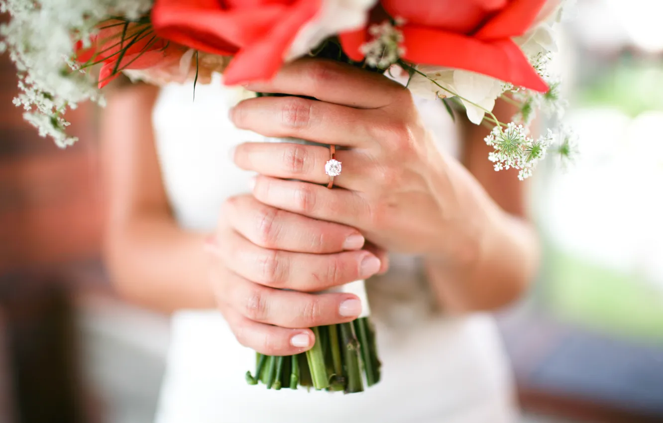Photo wallpaper girl, bouquet, ring, the bride