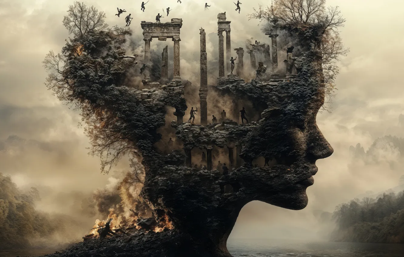 Photo wallpaper girl, clouds, fog, thoughts, head, silhouette, profile