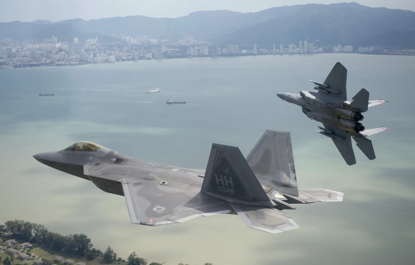 Photo wallpaper flight, fighter, F-15 Eagle, F-22 Raptor