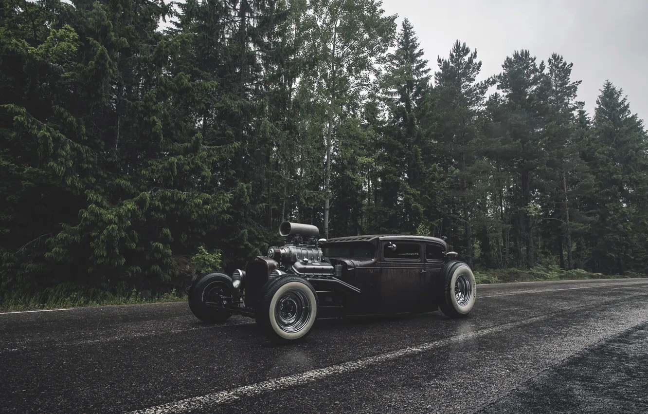 Photo wallpaper forest, rain, forest, ford, Ford, rain, rat, rod