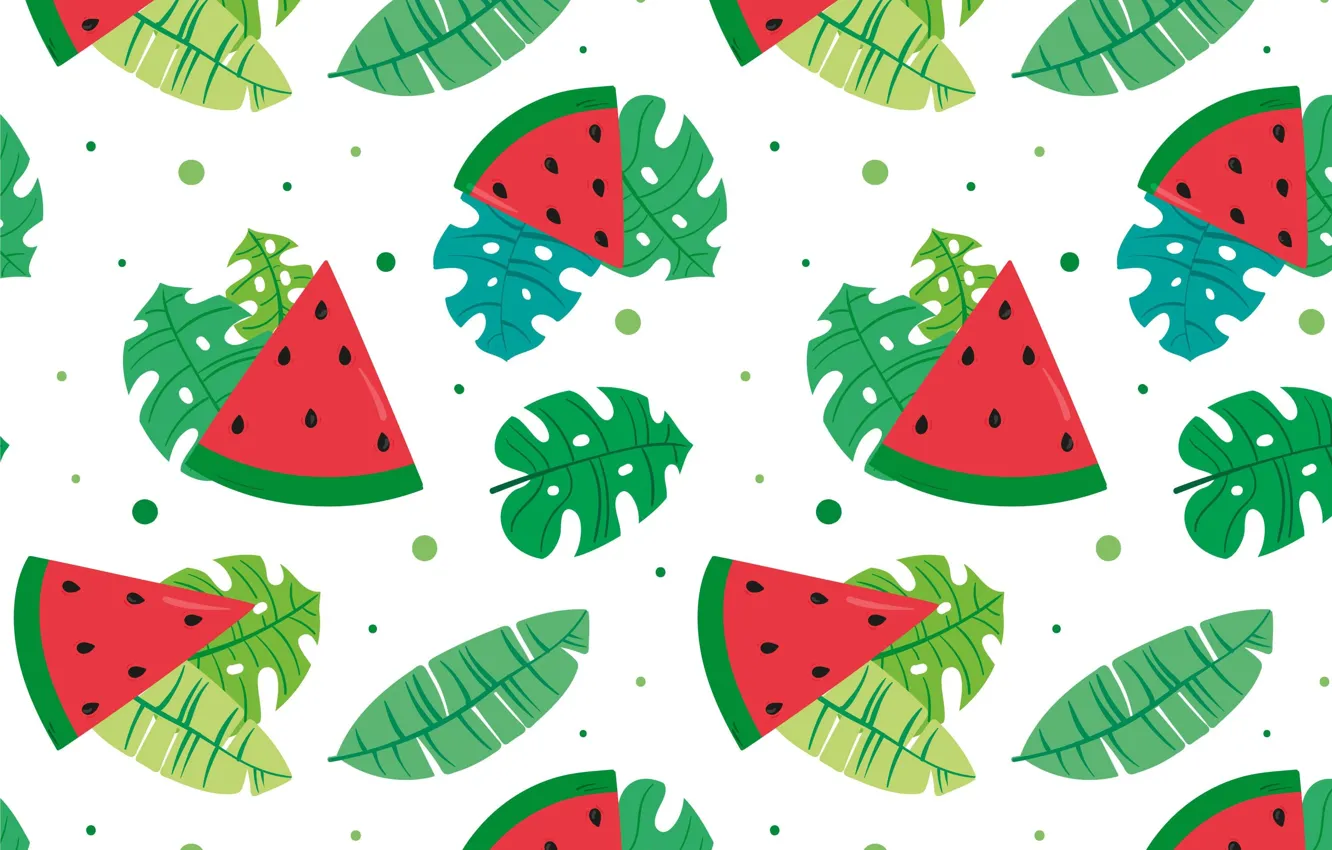 Photo wallpaper leaves, texture, watermelon, pattern, white background, fruit, slices, monster