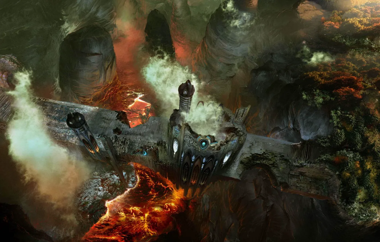 Photo wallpaper bridge, lava, the ruined city, Heroes of might and magic 5