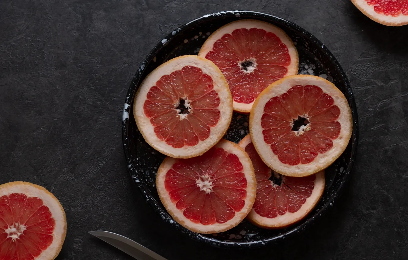 Photo wallpaper plate, knife, grapefruit, slices